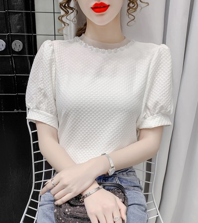 AIYIKU Mesh beaded round neck chiffon blouse women's 2023 summer new Korean version fashion solid color women's T-shirt
